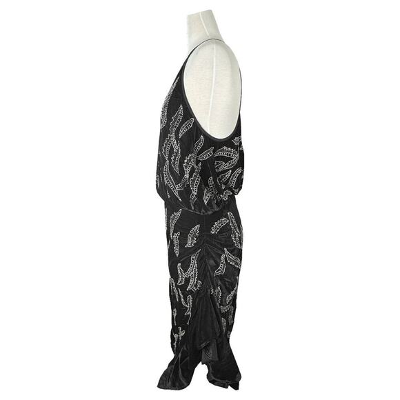 Dodo Bar Or Agnes Black Velvet Beaded Dress - Asymmetrical Ruffled Hem - Picture 3 of 9